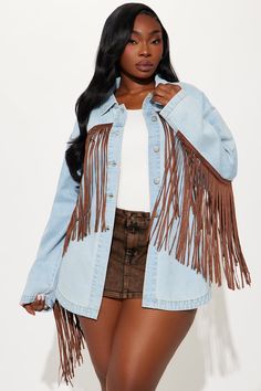 Available In Brown And Blue. Denim Shirt Fringe Trim Long Sleeve Button Down Collar Non Stretch Disclaimer: Due To The Specialized Wash Process, Each Garment Is Unique. Shell: 100% Cotton Fringe: 93% Polyester 7% Spandex Imported | Tennessee Denim Fringe Shirt in Blue size Medium by Fashion Nova Denim Fringe, Fringe Shirt, Blue Denim Shirt, Sweater Jumpsuit, Brown And Blue, Jean Top, Women Shirts Blouse, Fringe Trim, Shirts Blouses