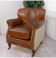 a brown leather chair sitting on top of a hard wood floor next to a potted plant