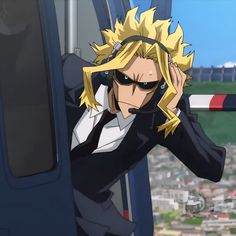 an anime character with blonde hair and glasses leaning out the side of a car window