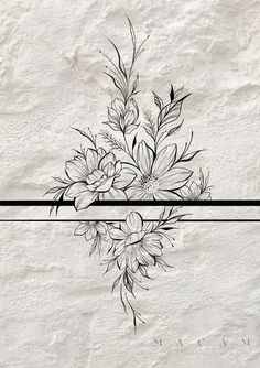 a black and white drawing of flowers on a stone wall with a line in the middle