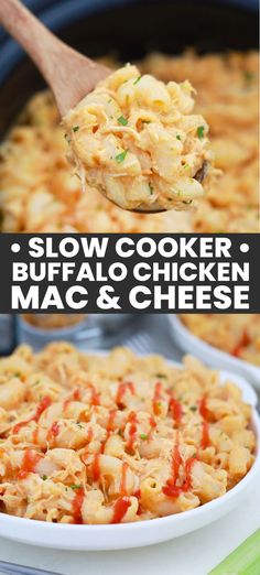 slow cooker buffalo chicken macaroni and cheese is shown with the title above it