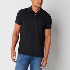 Deemed a Gotta-Have-It item for value you can count on every day! This men's polo shirt from mutual weave is tailored from a recycled stretch-cotton pique for a polished everyday look. Cut for a regular-fit, this short-sleeve button-down has a chest pocket. Wear yours with jeans or chinos.Closure Type: ButtonFit: Regular FitNeckline: Collar NeckPockets: 1 Chest Slip PocketSleeve Length: Short SleeveApparel Length: 28.5 Inches - FrontFiber Content: 60% Cotton, 40% Recycled PolyesterFabric Descrip Black Short Sleeve Polo Shirt With Pockets, Black Collared Cotton Polo Shirt, Black Cotton Collared Polo Shirt, Black Cotton Polo Shirt With Pockets, Casual Black Polo Shirt With Pockets, Mens Polo Shirts, Polo Shirts, This Man, Men's Polo