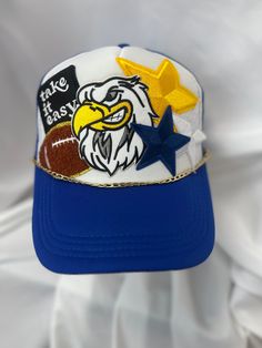 Custom design, take it easy Eagle themed trucker hat with multiple patches and chain Blue Trucker Hat With Embroidered Patch, Blue Snapback Trucker Hat With Embroidered Patch, Blue Embroidered Snapback Trucker Hat, Louisiana Tech, Custom Trucker Hats, Everyday Purse, Louisiana State University, Tassel Bracelet, Beaded Headband