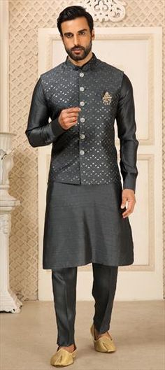 Black and Grey color Kurta Pyjama with Jacket in Banarasi Silk fabric with Embroidered work Black Embroidered Nehru Jacket For Diwali, Embroidered Black Nehru Jacket For Diwali, Festive Black Outerwear With Chikankari Embroidery, Festive Black Outerwear With Zari Work, Kurta Pyjama With Jacket, Kurta Pyjama, Silk Kurta, Grey Color, Silk Fabric