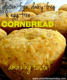 cornbread muffins on a cooling rack with the words gluten free dairy - free egg - free cornbread