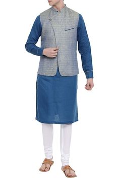 Blue overlap Nehru jacket with all over self texture.
Components:1
Neckline:Mandarin collar
Sleeve Length:Sleeveless
Fabric:Linen
Color:Blue
Welt pocket
Closure: Overlap with single button
Note: Kurta and churidar worn by the model is not for sale - Aza Fashions Blue Nehru Jacket For Festive Workwear, Festive Blue Nehru Jacket For Workwear, Festive Blue Nehru Jacket For Work, Jayanti Reddy, Anushree Reddy, Rohit Bal, Nehru Jacket, Tarun Tahiliani, Luxury Sale