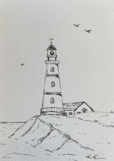 an ink drawing of a lighthouse on top of a hill with birds flying over it