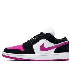 The women's Nike Air Jordan 1 Low "Black Cactus Flower" features the signature AJ1 color-blocking. A black-and-white base gives way for the vibrant cactus flower pink to shine, while the tongue goes for a non-traditional white design. Highlights include the "23" numbering on the tongue as well as a tonal Wings logo on the heel. (AJ1/SNKR/Retro/Low Top/Women's/Basketball) Low Top Jordans For Women, Black Color Block Sporty Sneakers, Black Color Block Sneakers For Streetwear, Sporty Black Color Block Sneakers, Trendy Black Color Block Sneakers, Black Sneakers With Contrasting Heel Counter, Air Jordan 1 Low Black, Black Cactus, Wmns Air Jordan 1