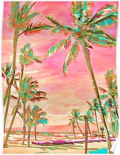 a painting of palm trees in front of a pink and blue sky with the sun going down