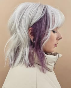 Gray And Vivid Hair, Muted Fashion Colors Hair, Hair Color Underneath With Bangs, Purple And Platinum Blonde Hair, Blonde Color Blocking Hair, Curtain Bangs Colored Hair, Edgy Purple Hair, Fire And Ice Hair, Colored Money Piece Hair Blonde