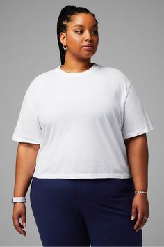 100% Cotton Boxy Tee Fabletics white female Activewear >> Womens >> Tops >> Short Sleeve T-Shirts >> Short-Sleeve Top plus Everyday White Cropped T-shirt For Workout, Moisture-wicking Relaxed Fit Tops For Loungewear, Relaxed Fit Moisture-wicking Top For Everyday, Moisture-wicking Relaxed Fit Tops For Everyday, Basic Moisture-wicking Tops For Loungewear, Everyday Moisture-wicking Relaxed Fit Top, White Short Sleeve Activewear For Everyday, Everyday White Short Sleeve Activewear, Basic White Everyday Activewear