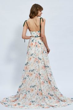 Floor-length Floral Print Organza Dress, Summer Organza Maxi Dress With Fitted Bodice, Backless Lined Dress For Casual Occasions, Lined Backless Dress For Casual Occasions, Lined Backless Dress For Casual Wear, Backless Chiffon Floral Print Dress, Backless Chiffon Dress With Floral Print, Floral Print Chiffon Backless Dress, Chiffon A-line Maxi Dress With Fitted Bodice