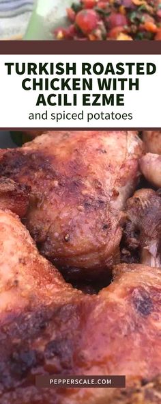 there are several different types of food on the grill with text overlay that reads turkish roasted chicken with cauliflower and spiced potatoes