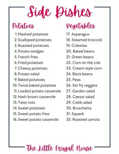 the side dishes list is shown in pink and white