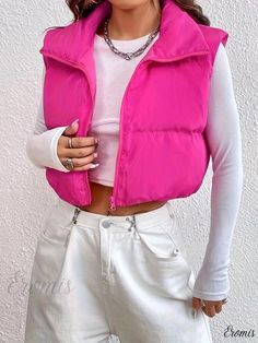 Eromis - Sleeveless Stand Collar Vest Coat: Fashionable Cropped Outerwear for Women Pink Vest Outfit, Puffer Vest Outfit, Vest Puffer, Outerwear Women Winter, Pink Vest, Cropped Vest, Vest Coat, Vest Outfits, Winter Coats Women