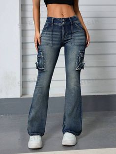 SHEIN PETITE Women's Casual Daily Pocket Design Flared Jeans For Everyday Wear | SHEIN USA Washed Blue Denim Flare Jeans With Pockets, Stretch Dark Wash Flare Jeans With Pockets, Fitted Denim Blue Washed Cargo Jeans, Dark Wash Flare Jeans With Pockets For Fall, Fitted Dark Wash Cargo Jeans For Fall, Stretch Dark Wash Cargo Jeans, Stretch Dark Wash Denim Cargo Jeans, Medium Wash Flare Jeans With Pockets For Fall, Blue Flare Jeans With Pockets For Fall