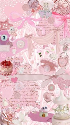 a collage of pink and white items with hearts, flowers, and other things