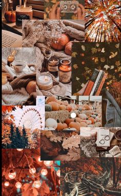 a collage of photos with autumn and fall decorations, candles, books, pumpkins and other things