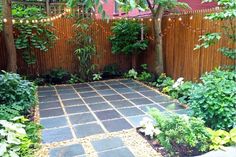 a backyard garden with lots of plants and lights hanging from the tree branches above it