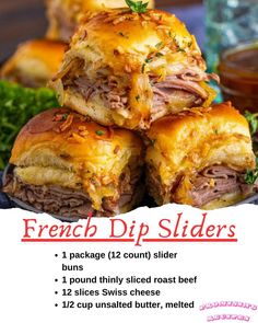 french dip sliders are stacked on top of each other