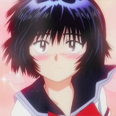 an anime character with black hair and blue eyes