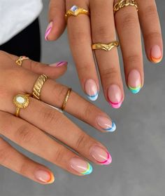 french nail, nail designs, nail inspo, nail inspiration, simple nail, shiny nails, short nails, long nails, clean nails, clean girl aesthetic, pretty nail, french tip, nail polish, multi colour nail, - @peachinails on Instagram Nails And Rings, Pastel Nail Art, Teen Nails, April Nails, Nails Yellow, Cute Simple Nails, Cute Gel Nails