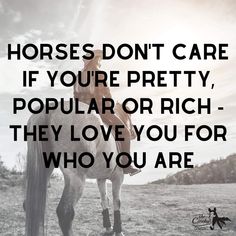 a horse that is standing in the grass with a quote on it saying horses don't care if you're pretty, popular or rich - they love you for who you are