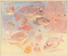 a painting of fish swimming in the water with corals and other marine life around them