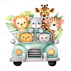 a car filled with animals sitting on top of it's roof and surrounded by jungle leaves