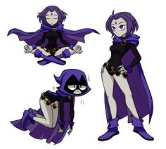 an animated character with purple hair and black clothes, sitting on the ground in different poses