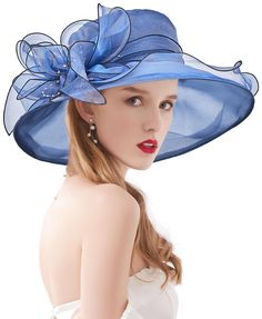 PRICES MAY VARY. SIZE -- This derby hat has a brim that is 5.1 inches all the way around, hat depth about 3.9 inches fit for head circumference 21.26 inch~22.83 inches. Which has a small elastic sweatband inside in order to give it a big size range. When the people who has a small headsize can pulled the elastic band to offer a smaller size. One size fits most FEATURES -- 1. Elegant and pretty flower and beads decorations, wide brim + ruffle design, stylish and lovely appearance. 2. Lightweight, Holiday Headpiece, Kentucky Derby Wedding, Veiled Hats, Fedora Hat Women, Tea Party Hats, Organza Flowers