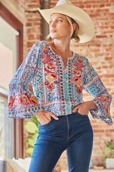 We love the vibe of this gorgeous Mixed Print Floral Embroidered top. It features a split V-neckline, colorful embroidery, bell sleeves and a relaxed a-line fit with flowy bodice. Pair this up with skinny jeans and booties for a chic look! Small Bust 40" L 24" : Medium Bust 42" L 24" Large Bust 44" L 24" : 1X Bust 52" L 27 2X Bust 54" Length 27" : 3X Bust 56" L 27" 100% Woven Rayon - no stretch Hand wash cold Colorful Embroidery, Floral Embroidered Top, The Vibe, Beautiful Embroidery, South Beach, Large Bust, Embroidery Details, Embroidered Top, Boho Tops