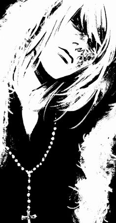 a black and white drawing of a woman's face with long hair, wearing a cross necklace