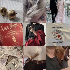 a collage of photos with various items and words on them, including an image of a woman holding a cat