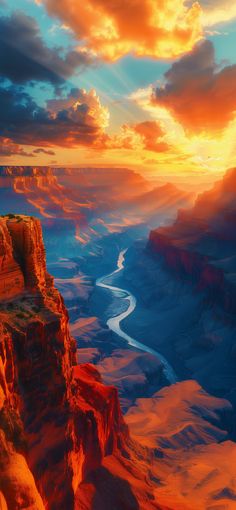 the sun is setting over canyons and cliffs with a river running through them in the foreground