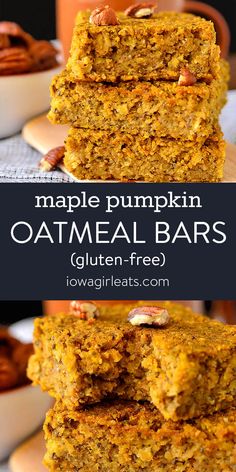 maple pumpkin oatmeal bars stacked on top of each other with text overlay