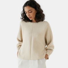 Sally Merino Wool Sweater in Cream Ivory | Women's Sustainable and Stylish Knitwears | VIVAIA Oversized Fine Knit Beige Sweater, Chic Merino Wool Crew Neck Sweater, Chic Beige Crew Neck Sweater, Chic Cashmere Textured Knit Sweater, Chic Cashmere Sweater With Textured Knit, Elegant Crew Neck Cropped Sweater For Winter, Chic Textured Knit Cashmere Sweater, Chic Textured Cashmere Sweater, Neutral Crew Neck Knit Top For Fall