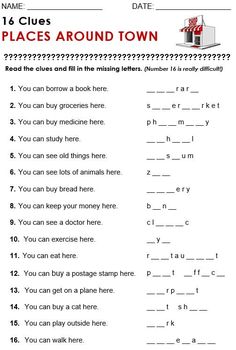 an english worksheet with the words places around town and numbers to be written