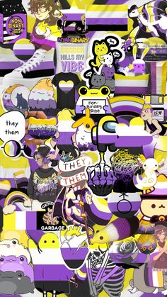 a bunch of stickers that are on top of each other in purple and yellow