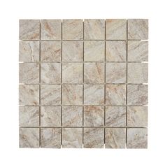 a white marble tile wall with brown and beige squares on the bottom, in an irregular pattern