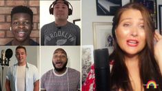 four people are singing in front of microphones, and one is listening to music