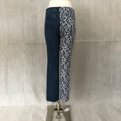 "Deconstructed Hybrid \"Parti Colored\" Jeans - Half Denim Leopard Print & Half Denim Blue Half and Half Mashup \"Chicos\" Brand - Women's Size 1 Leopard Print Denim \"Lands End\" Brand - Women's Size 12 Blue Denim 98% Cotton, 2% Spandex Unisex 32\" Waist, 31\" Inseam Medieval Style Parti Colored Pants Amazing Leopard Print Denim Quality Brands Comfortable & Flattering" Fitted Blue Cropped Jeans In Rigid Denim, Blue Mid-rise Cropped Cotton Jeans, Mid-rise Blue Cropped Cotton Jeans, Blue Stretch Patchwork Jeans, Blue Stretch Jeans With Patchwork, Fitted Cropped Denim Jeans In Denim Blue, High Rise Blue Cropped Cotton Jeans, High Rise Cropped Blue Cotton Jeans, Fitted Blue Cropped Jeans With Five Pockets