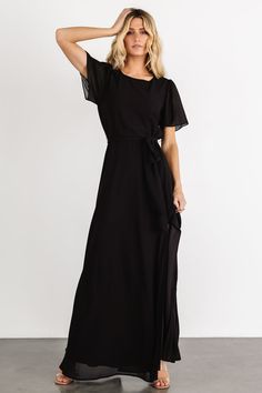 A beautiful and feminine style for any occasion! Naomi is a beautiful addition to any wardrobe! Chic Evening Chiffon Dress With Short Sleeves, Elegant Chiffon Dress With Butterfly Sleeves, Elegant Short Sleeve Chiffon Dress For Brunch, Elegant Short Sleeve Maxi Dress With Tie Back, Elegant Solid Maxi Dress With Flutter Sleeves, Elegant Solid Color Maxi Dress With Flutter Sleeves, Black Flowy Chiffon Dress With Short Sleeves, Black Flowy Short Sleeve Chiffon Dress, Elegant Chiffon Maxi Dress For Brunch