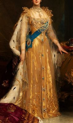 a painting of a woman in a gold dress with a blue sash around her neck