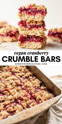 raspberry crumble bars stacked on top of each other in a baking pan