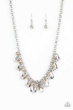 A collection of shiny silver and glistening gold beads join faceted silver teardrops. Edgy Fringe, Pink Jewels, Teardrop Beads, Paparazzi Accessories, Teardrop Necklace, Paparazzi Jewelry, Silver Chain Necklace, Shiny Silver, Pretty Jewellery