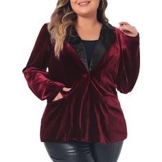 Elegant Design: This velvet blazer exudes sophistication and style with its vintage-inspired look, sparkling contrast notched lapel, and button details. Pair it with jeans and a simple t-shirt for a fashionable outfit that can be worn to work, lunch dates, or casual outings. Perfect for wearing to formal events, parties, or date nights, this blazer is sure to turn heads and make you feel confident and stylish. Plus-Size Fit: Designed with a comfortable and flattering plus-size fit, this blazer i Semi-formal V-neck Winter Outerwear, Semi-formal V-neck Outerwear For Winter, Semi-formal V-neck Outerwear For Fall, Party V-neck Single Breasted Blazer, Chic Holiday Blazer For Formal Occasions, Single Button Blazer For Night Out In Fall, Chic Holiday Formal Blazer, Chic Formal Blazer For Holiday, Party Outerwear With Suit Collar And Single Button