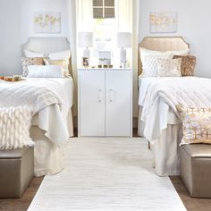 two beds in a bedroom with white walls