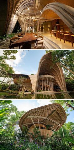 the inside and outside of a building that looks like it is made out of bamboo