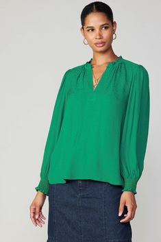 This airy blouse is bound to become a top choice for your workdays and evening outings alike. Done in subtly patterned jacquard, it's detailed with billowy long sleeves, smocked cuffs, and a ruffle-trimmed split neckline fastened by a covered button. •Split neckline with covered button •Ruffle trim •Long sleeves •Smocked cuffs •Relaxed fit Item number 2330287 100% Polyester Elegant Long Sleeve Textured Tops, Long Sleeve Blouse With Crinkle Texture For Fall, Spring Long Sleeve Blouse With Crinkle Texture, Spring Long Sleeve Crinkle Texture Blouse, Chic Long Sleeve Blouse With Crinkle Texture, Chic Long Sleeve Crinkle Texture Blouse, Spring Green Tops With Crinkle Texture, Green Crinkle Texture Tops For Spring, Green Crinkle Texture Top For Spring